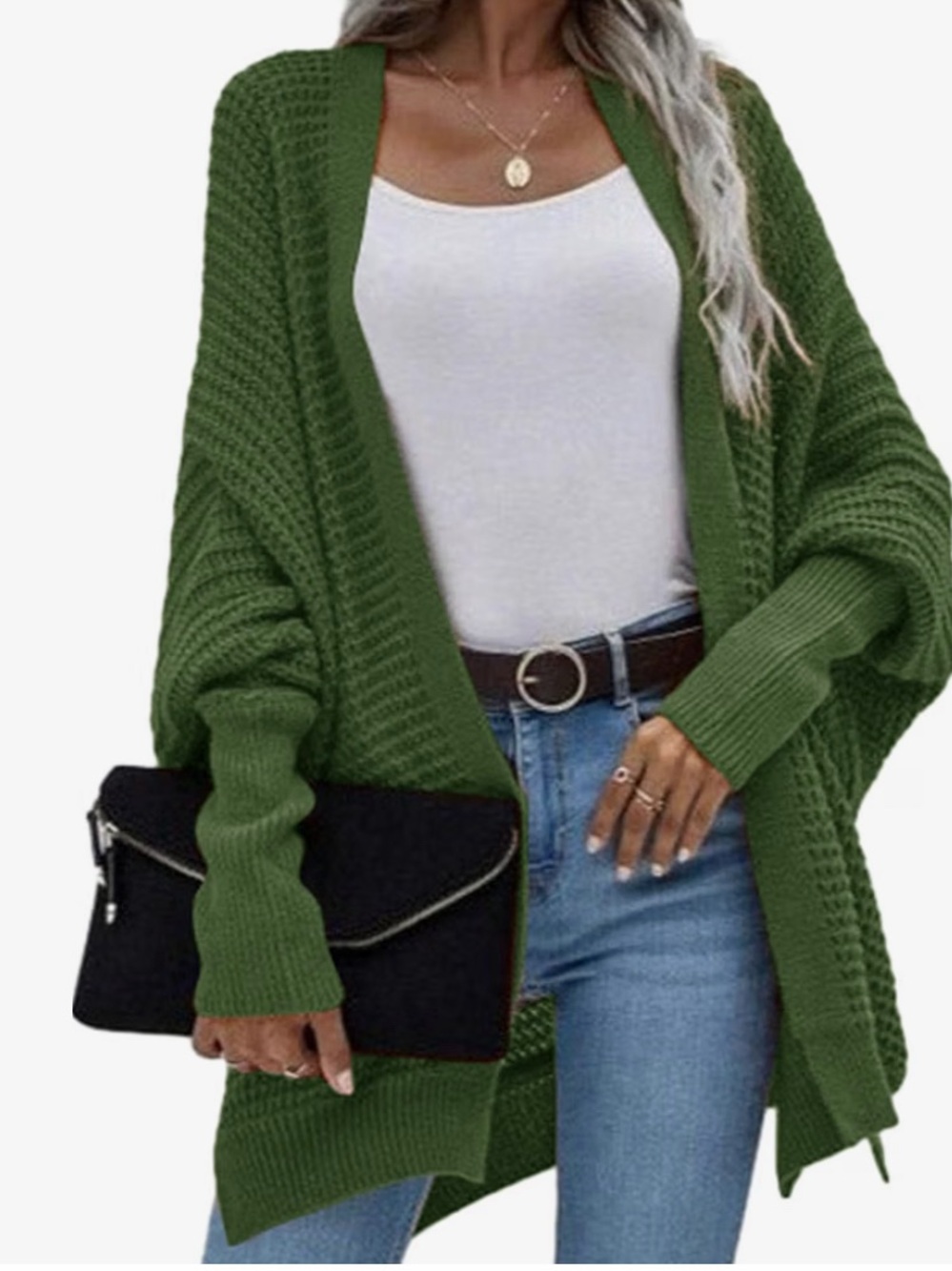 Relaxed Olive Green Open-Front Knit Cardigan for Women